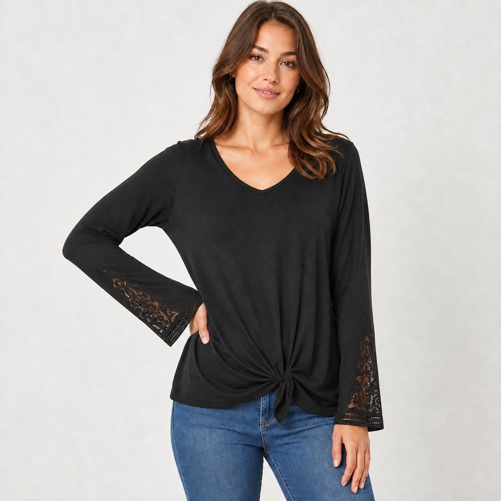 Black L Lightweight Sweater Top Long Sleeve Twist Front V Neck Crotchet Sleeve